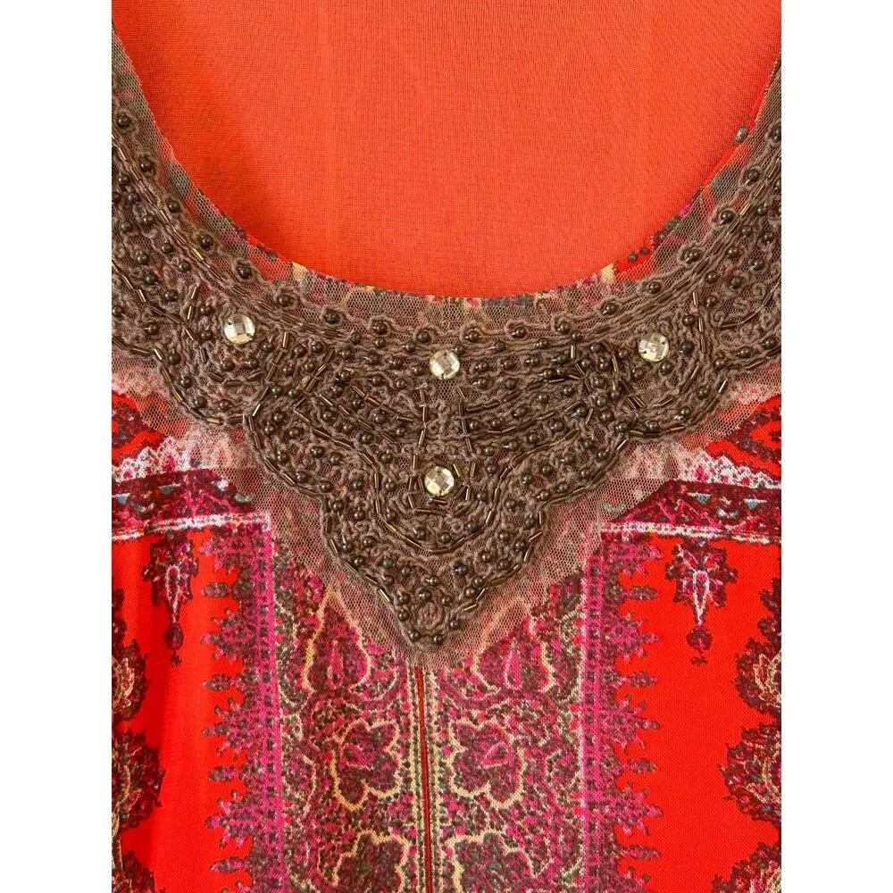 Reba Women’s 2X Boho Paisley Sleeveless Midi Dress Orange Embellished Plus Size